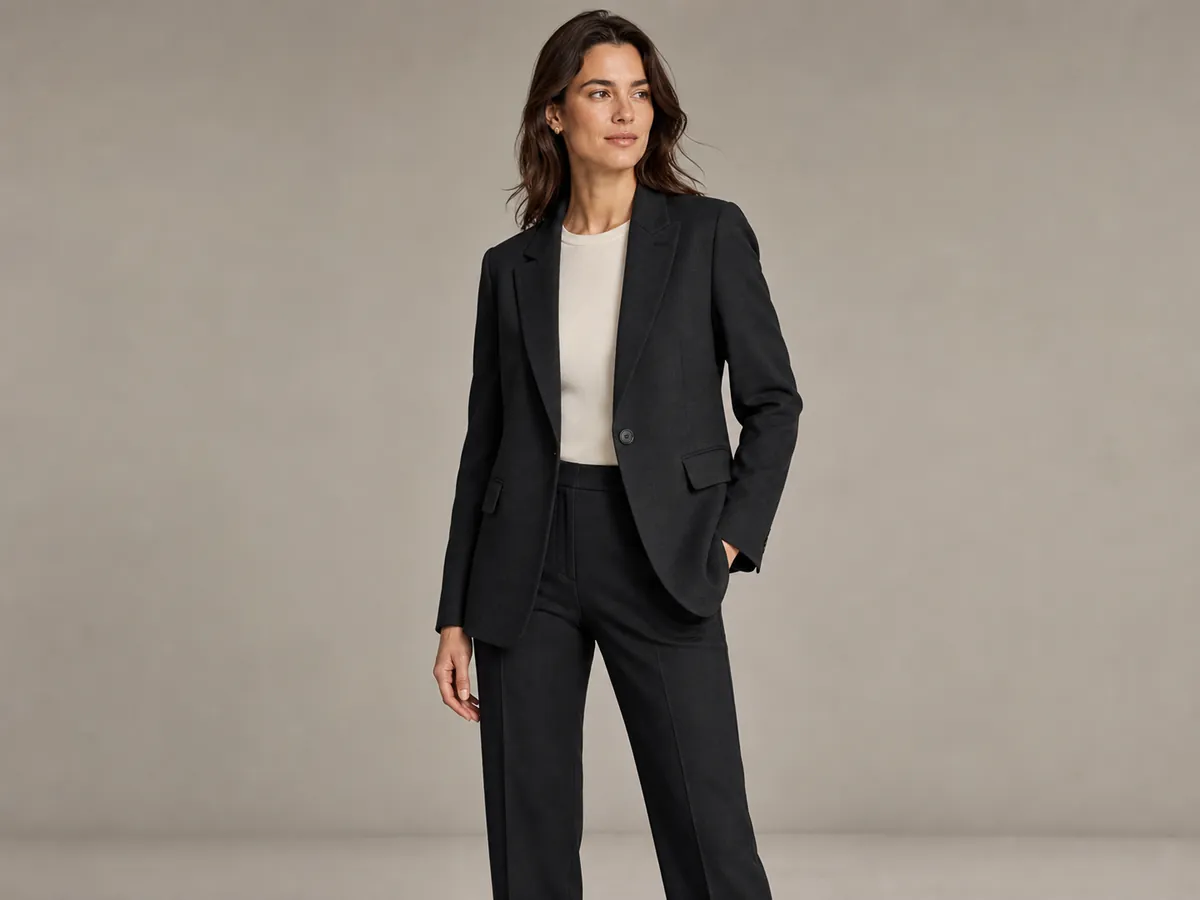 Modelo de catálogo con un blazer negro entallado.