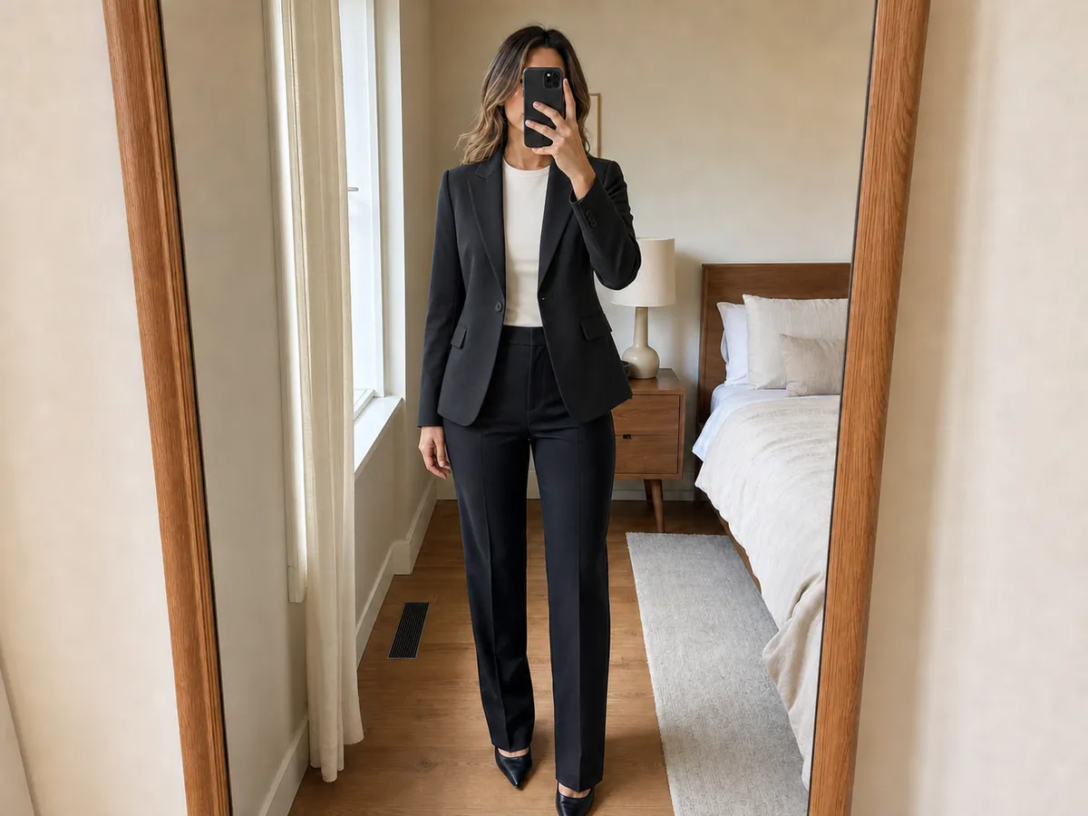 Demostración ilustrativa de la misma selfie con el blazer negro aplicado.