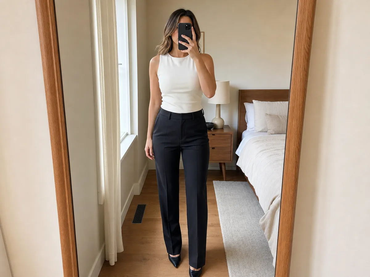 Selfie de espejo de una mujer antes de probarse el blazer.