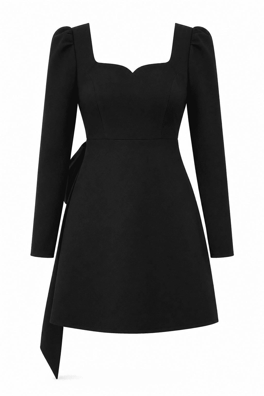 Vestido negro de manga larga, fotografiado de frente.